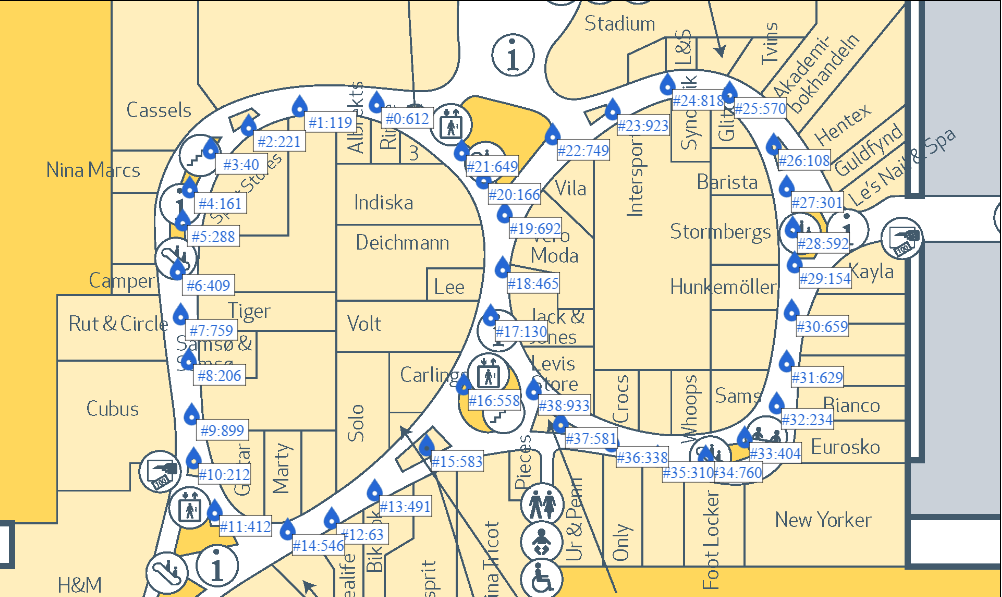 The map of a shopping mall with many markers