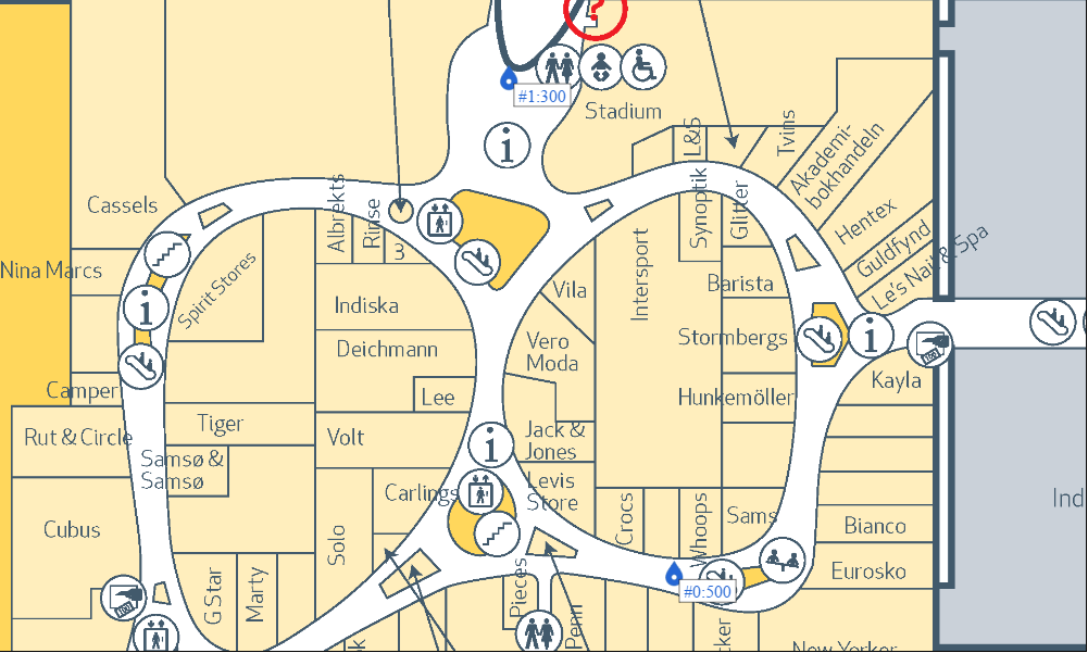 A map of a shopping mall with 2 markers